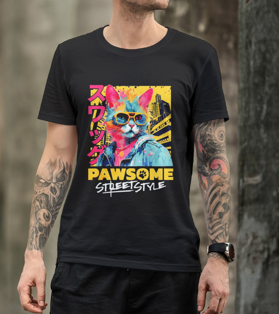 Pawsome Streetstyle Cat With Jacket And Sunglasses Urban Cityscape T-Shirt