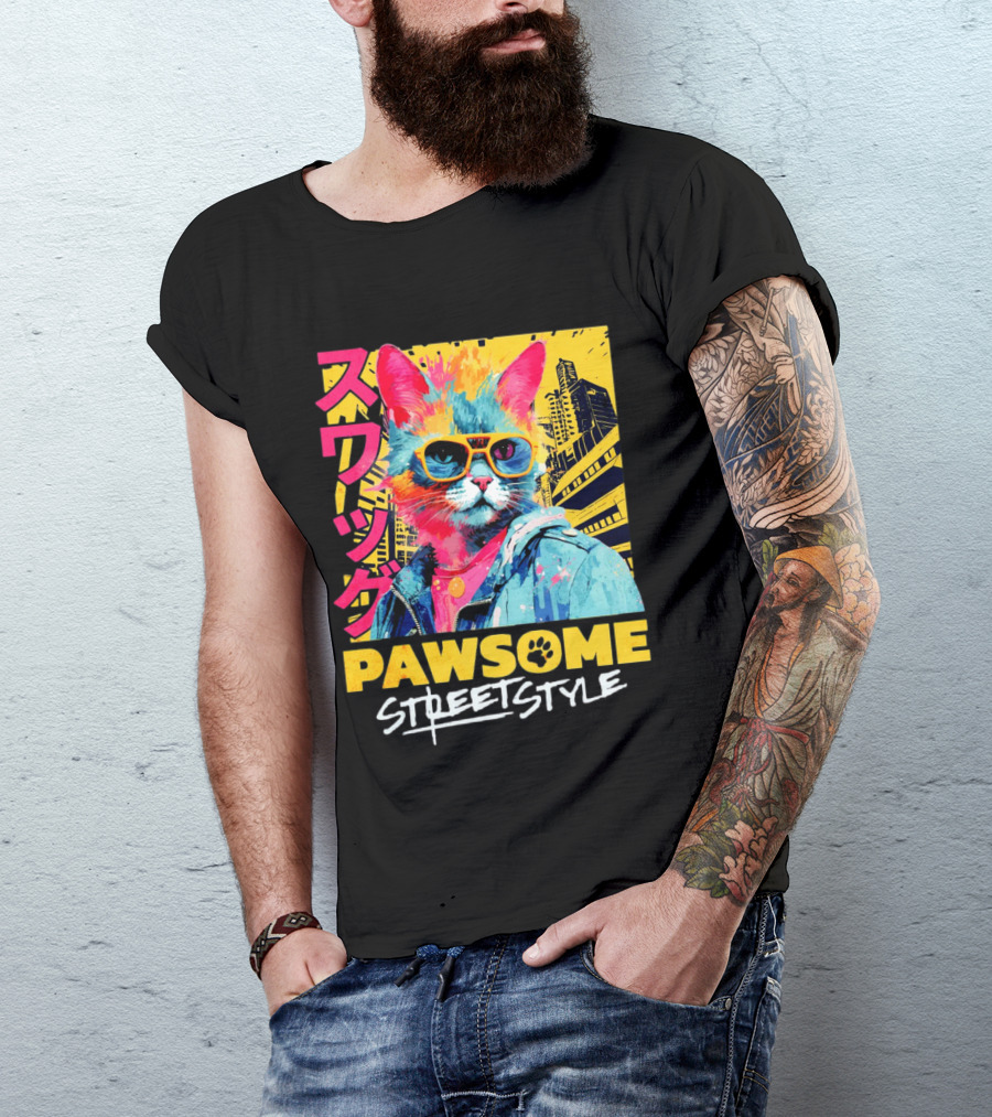 Pawsome Streetstyle Cat With Jacket And Sunglasses Urban Cityscape T-Shirt