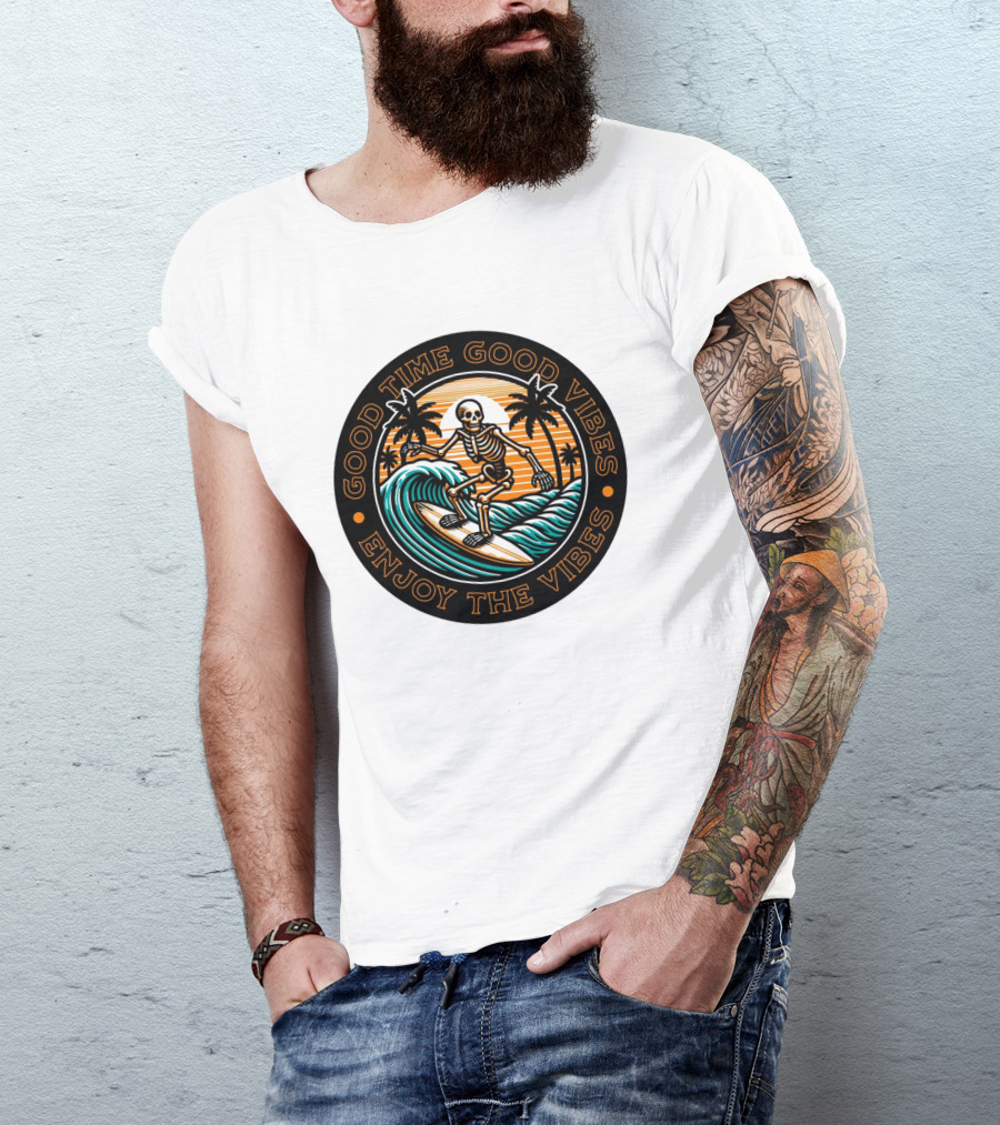 Good Time Good Vibes Enjoy The Vibes Surfer Skeleton Palm Trees Sunset Ocean Waves T-Shirt