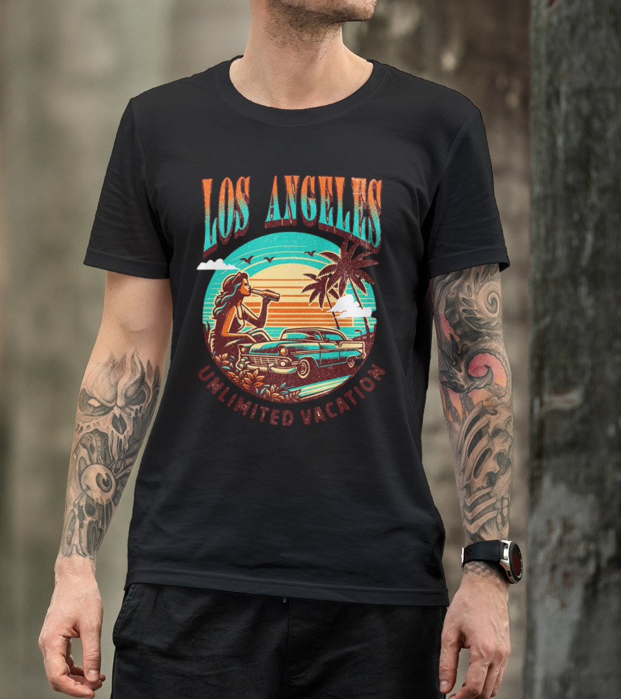 Los Angeles Unlimited Vacation Classic Car Palm Trees Sunset Vibes T-Shirt