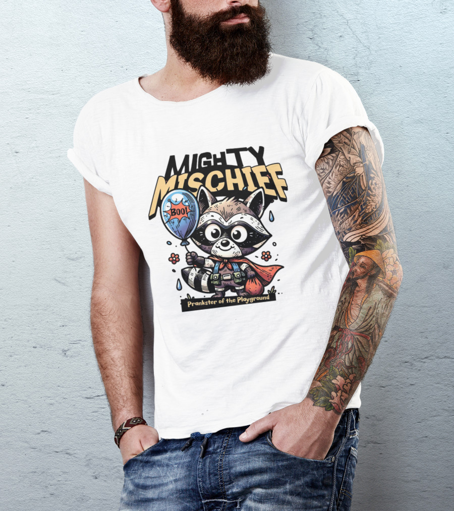 Mighty Mischief Raccoon With Boo Balloon Prankster Of The Playground T-Shirt