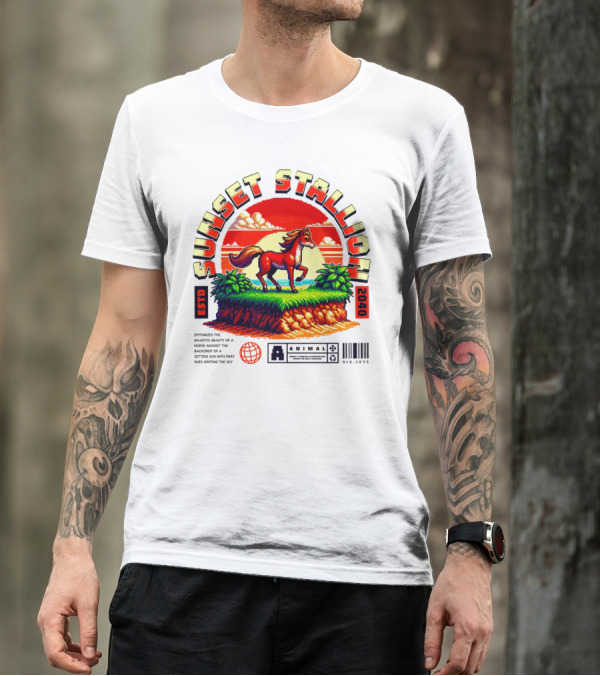 Sunset Stallion 2040 ESTO Animal Epic Epitome Horse Setting Sun Fiery Sky T-Shirt