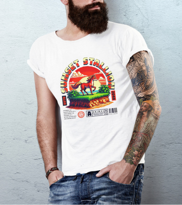 Sunset Stallion 2040 ESTO Animal Epic Epitome Horse Setting Sun Fiery Sky T-Shirt