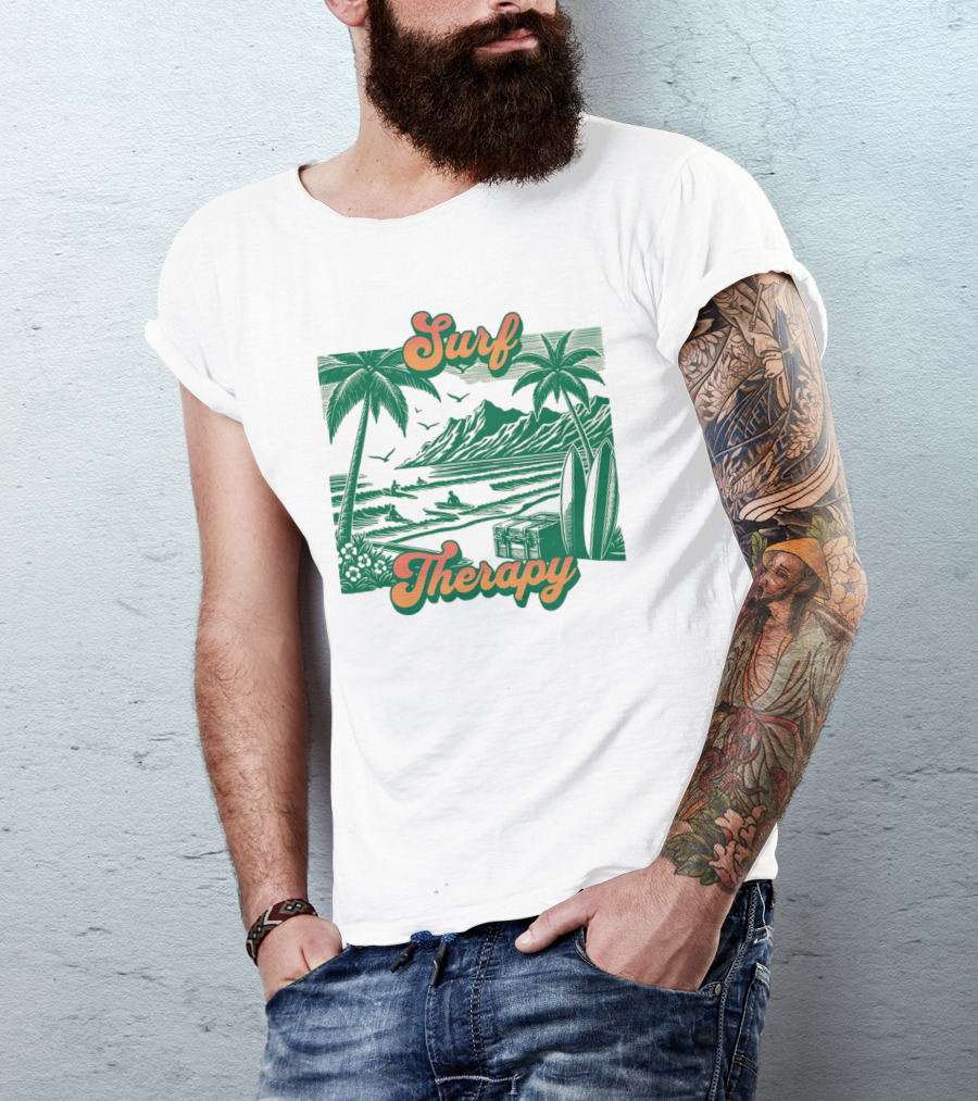 Surf Therapy Tropical Beach Scene With Palm Trees And Surfboards T-Shirt