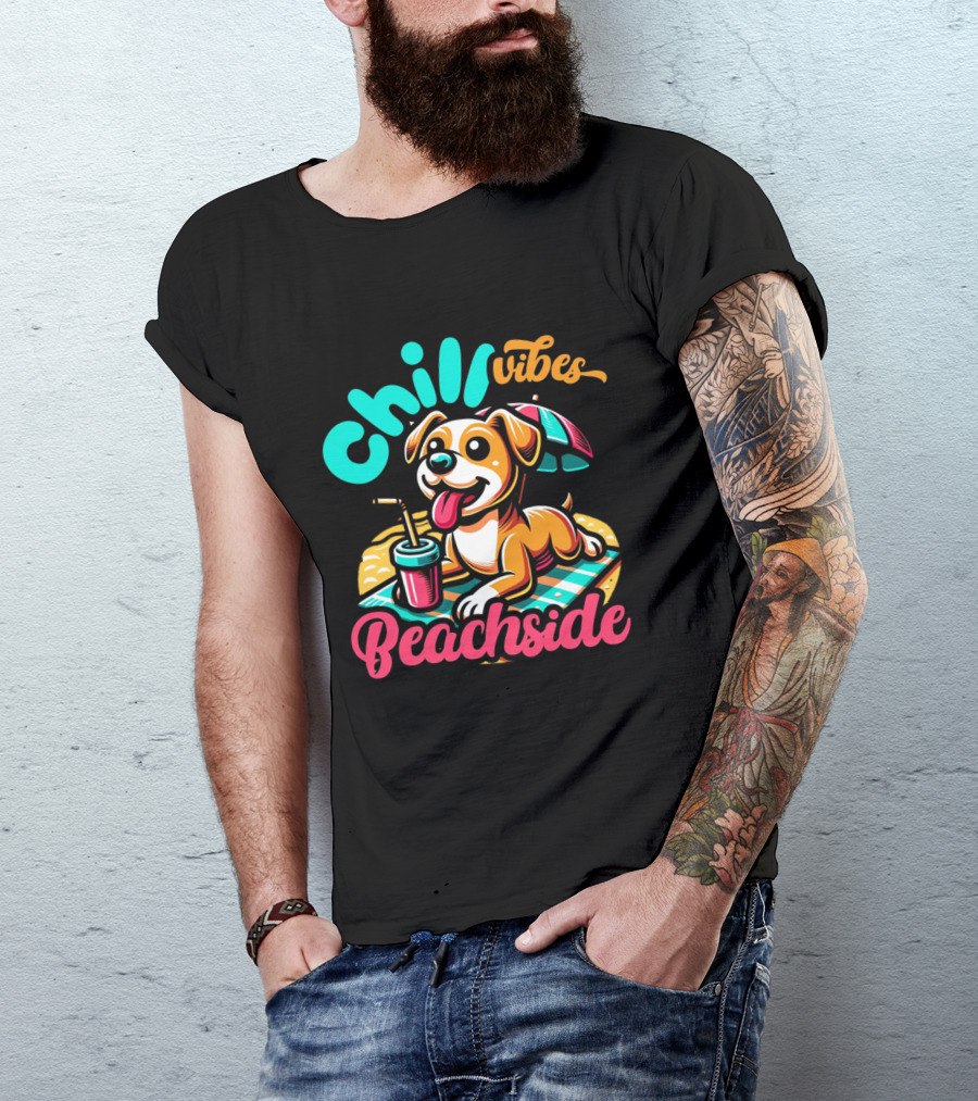 Chill Vibes Beachside Relaxing Dog With Umbrella And Drink T-Shirt