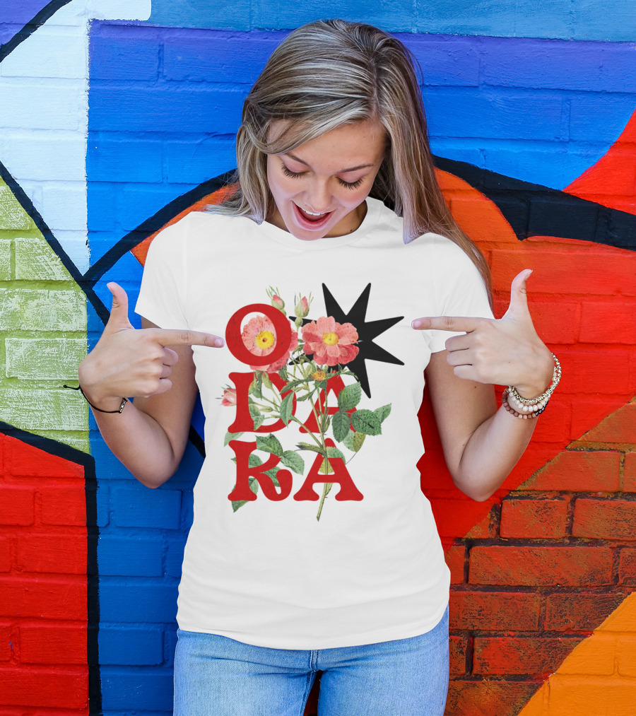 ODARA Bold Floral Art With Red Letters And Pink Flowers T-Shirt