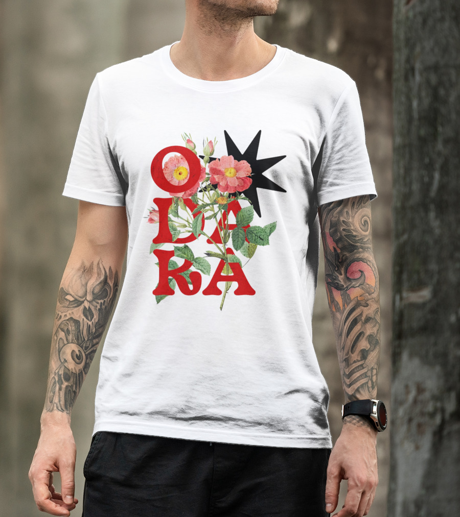 ODARA Bold Floral Art With Red Letters And Pink Flowers T-Shirt