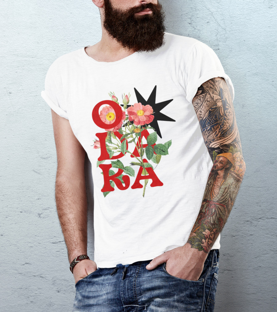 ODARA Bold Floral Art With Red Letters And Pink Flowers T-Shirt