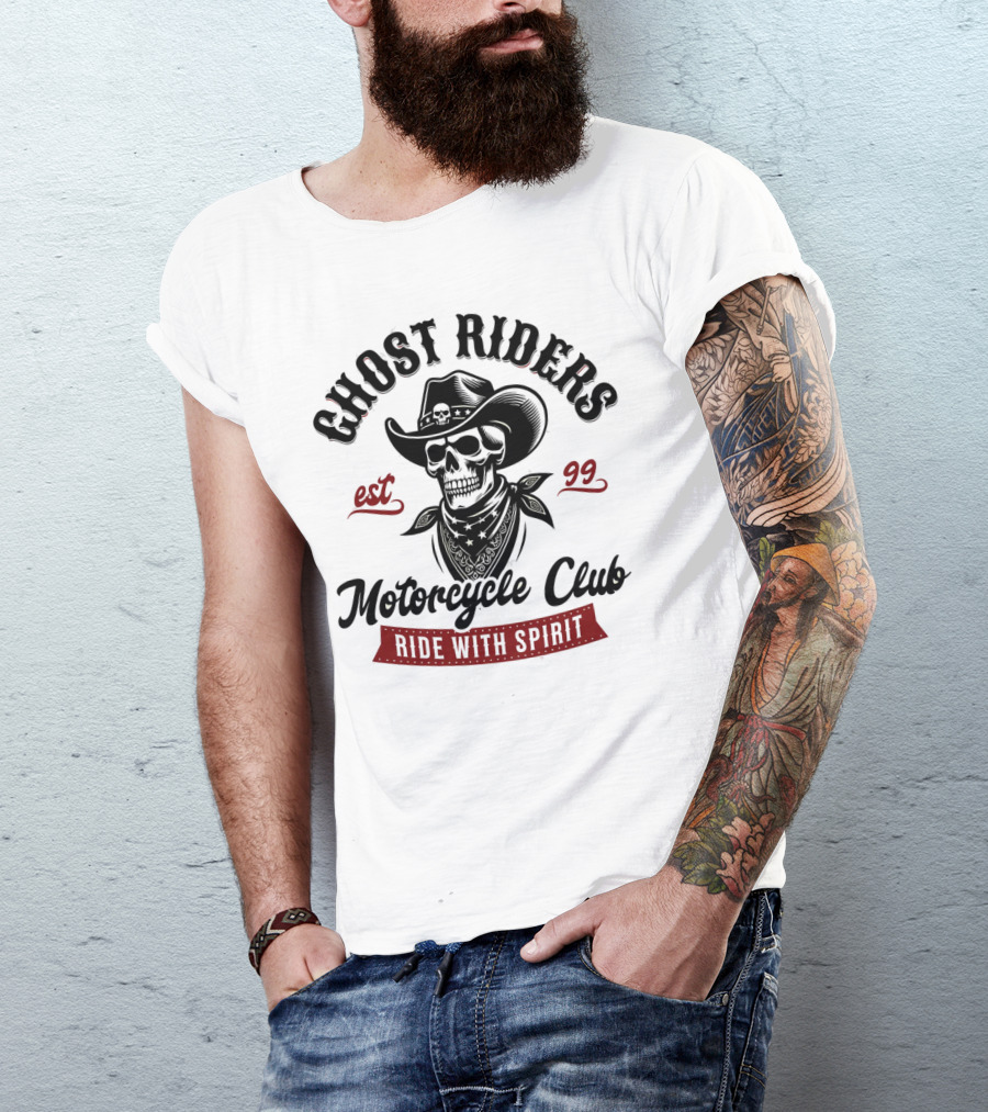 Ghost Riders Motorcycle Club Ride With Spirit Cowboy Skull Est 99 T-Shirt