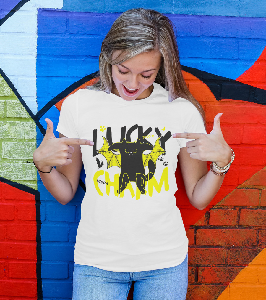 LUCKY CHARM Meow Boooo Bat Wings Cat Paw Prints T-Shirt