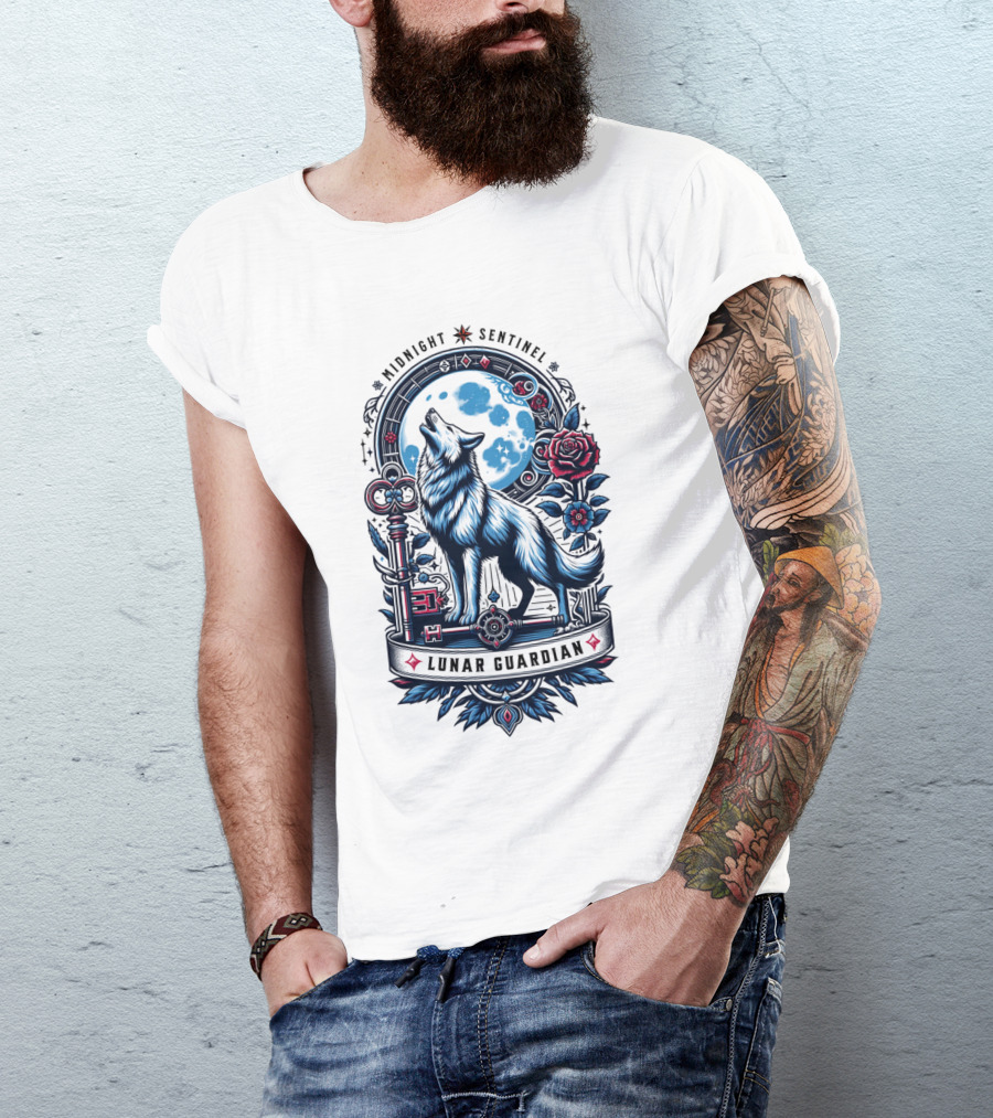 Midnight Sentinel Lunar Guardian Key And Roses Howling Wolf Moon T-Shirt