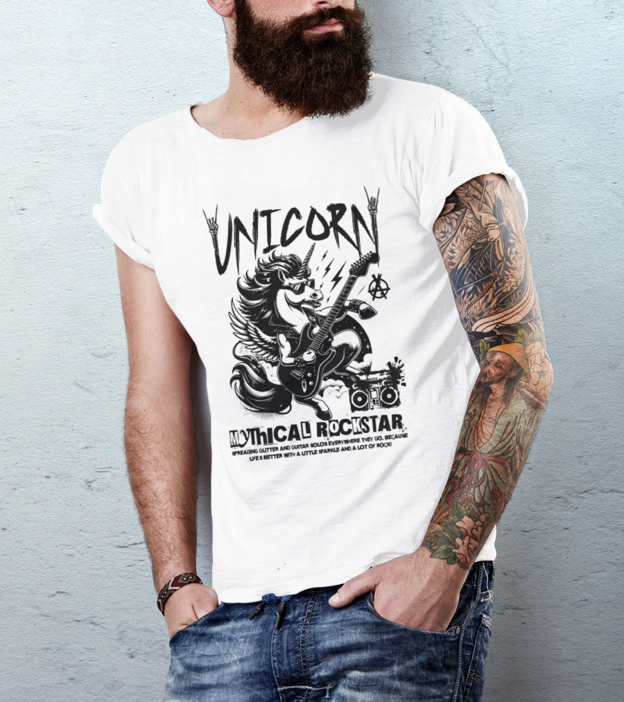 Unicorn Mythical Rockstar Spreading Glitter And Guitar Solos Sparkle Music Rock T-Shirt