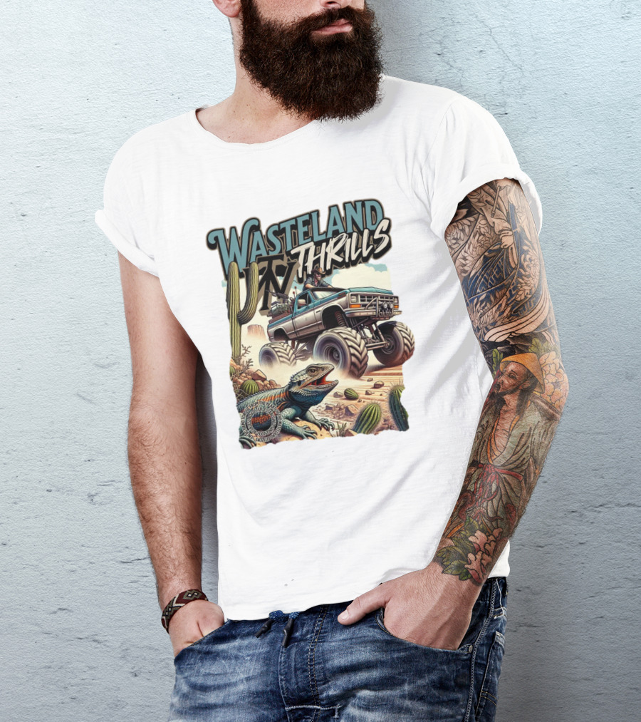 Wasteland Thrills Monster Truck Adventure With Lizard And Cactus Desert Scene T-Shirt