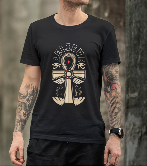 Believe Ankh Symbol With Wings And Cats T-Shirt