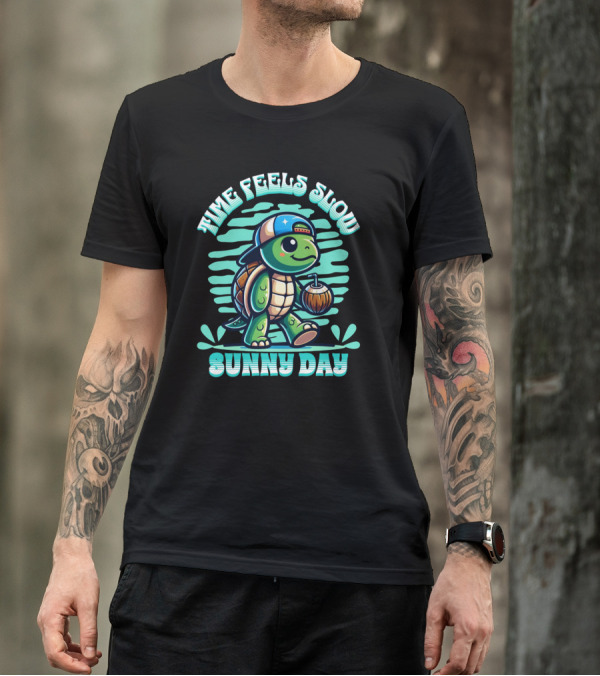 Time Feels Slow With Sunny Day Turtle In Hat And Coconut T-Shirt