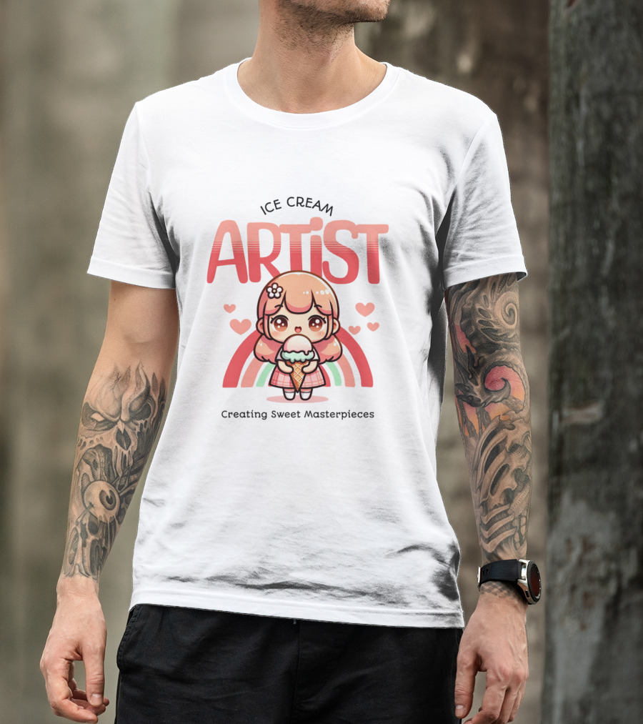 Ice Cream Artist Creating Sweet Masterpieces Kawaii Girl With Hearts And Rainbow T-Shirt
