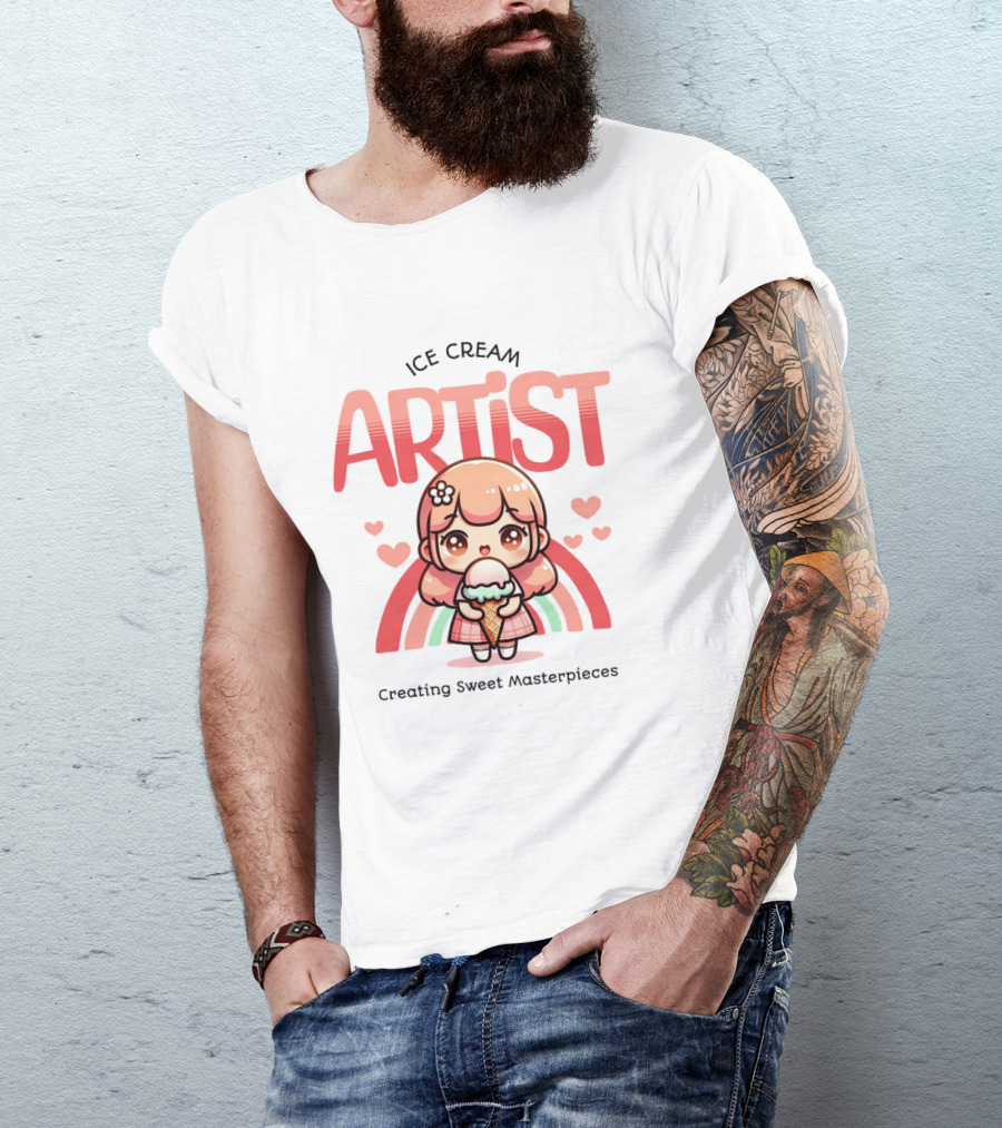 Ice Cream Artist Creating Sweet Masterpieces Kawaii Girl With Hearts And Rainbow T-Shirt