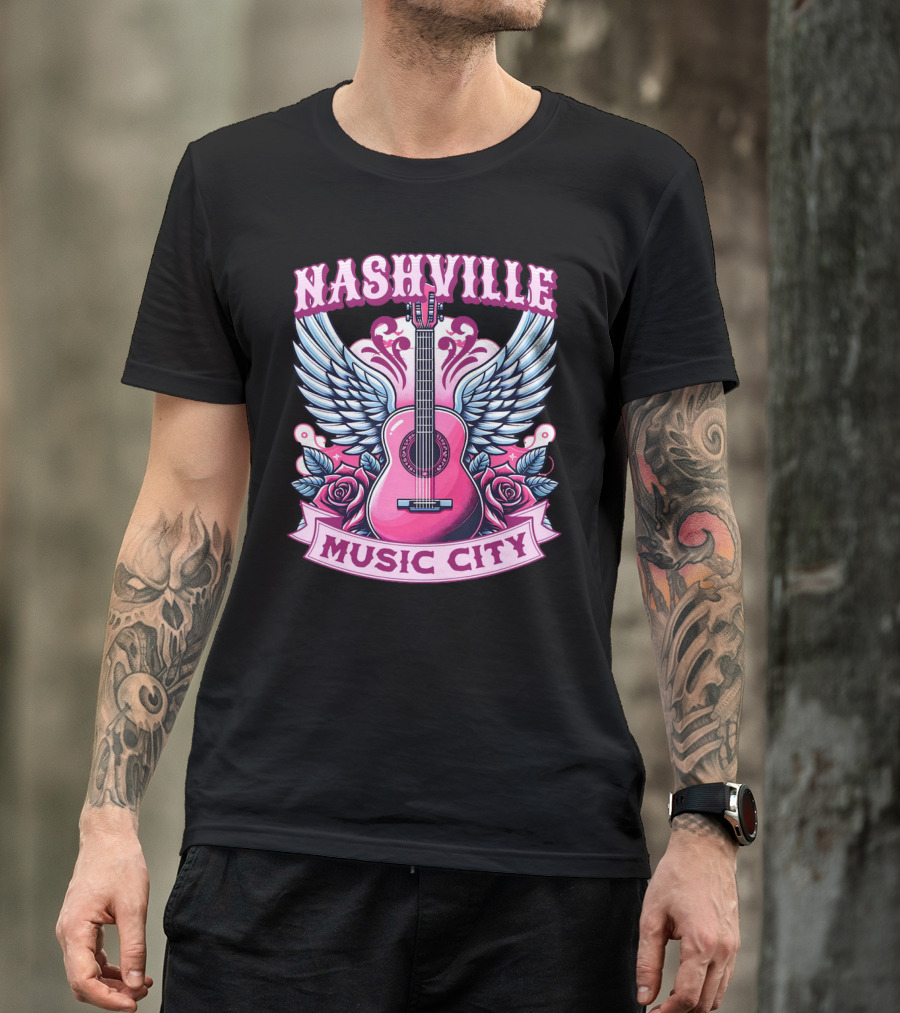 Nashville Music City Pink Guitar Wings Roses T-Shirt