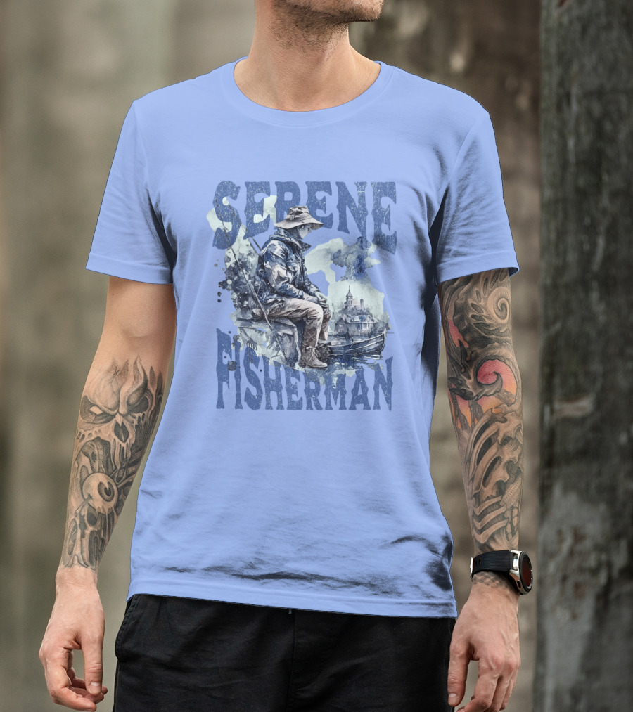Serene Fisherman In Tranquil Lakeside Town With Boat And Reflection T-Shirt