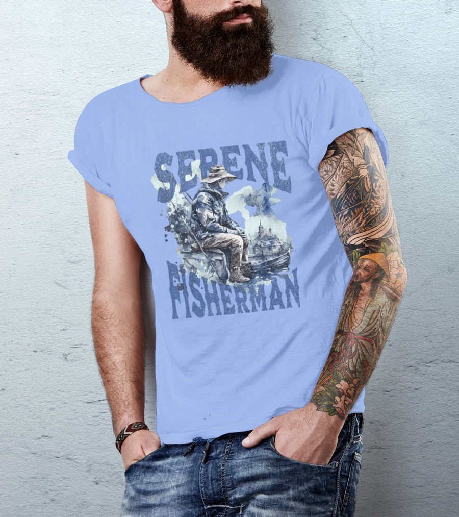 Serene Fisherman In Tranquil Lakeside Town With Boat And Reflection T-Shirt