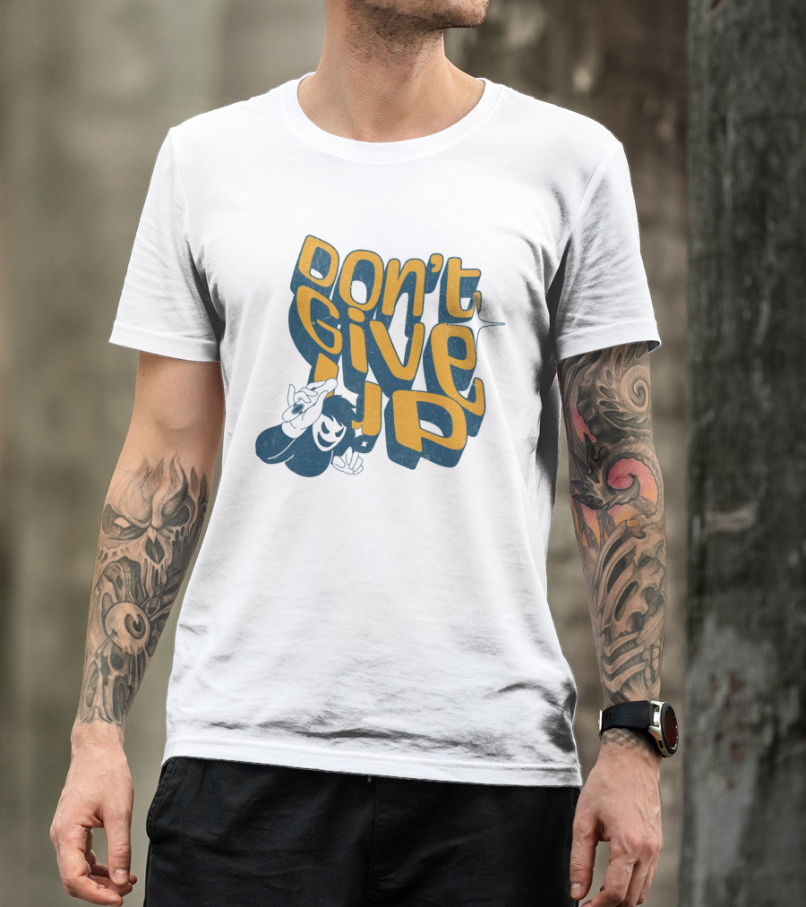 DON'T GIVE UP Retro Cartoon Hand Gesture Text T-Shirt