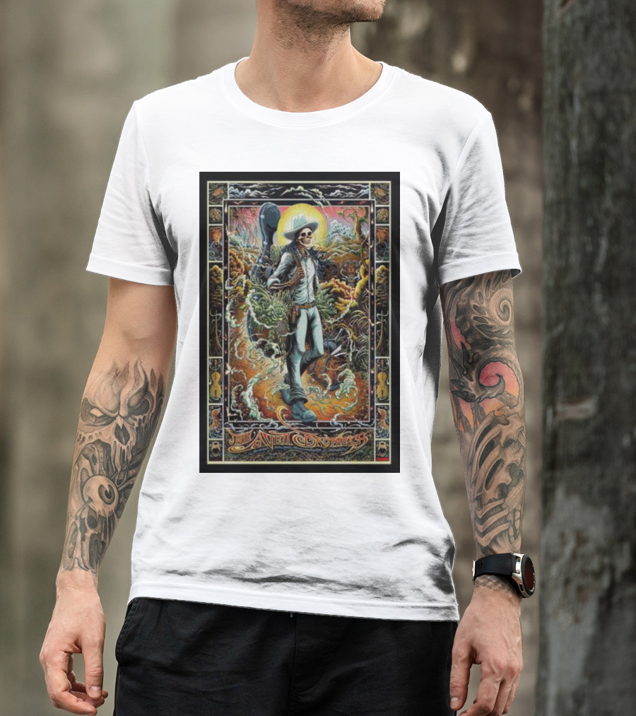 The Avett Brothers Skeleton Cowboy With Guitar And Sunburst Background Stanford T-Shirt