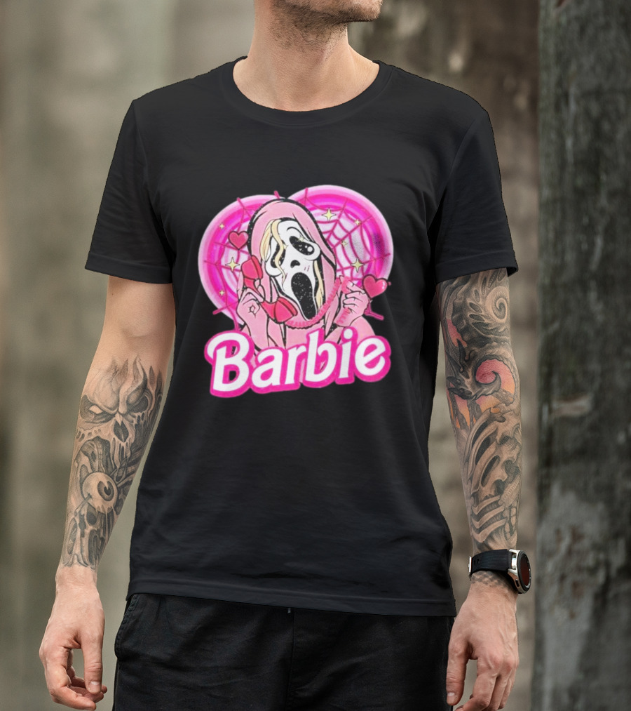 Barbie Horror Doll Ghost Face With Hearts And Pink Spiderwebs T-Shirt