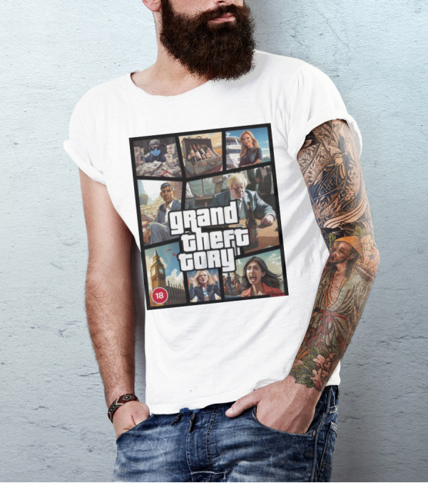Grand Theft Tory GTA Big Ben Crime Drama 18+ Rating T-Shirt