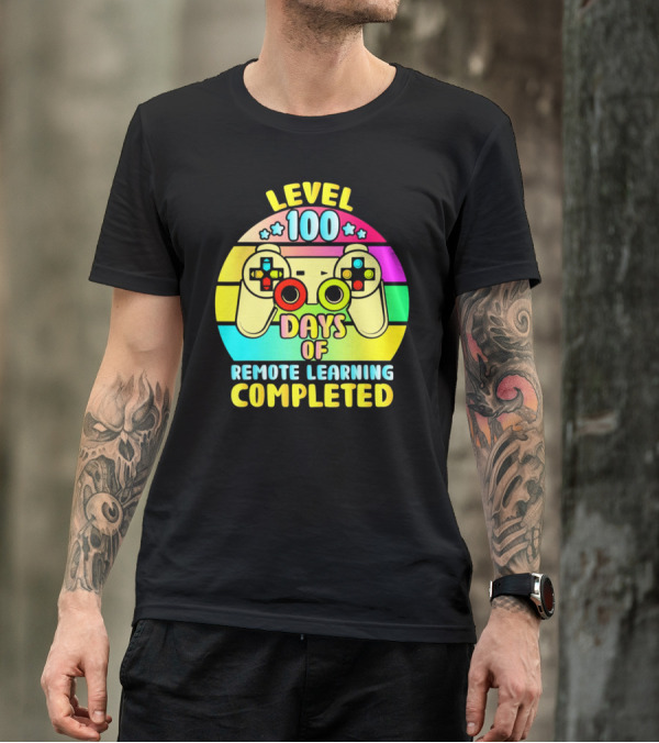 Level 100 Remote Learning Completed Vintage Gaming Controller Retro Rainbow T-Shirt