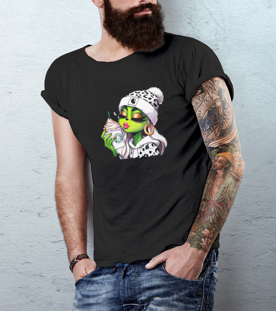 Grinchmas Blend Leopard Girl With Winter Leopard Beanie And Coffee Cup T-Shirt