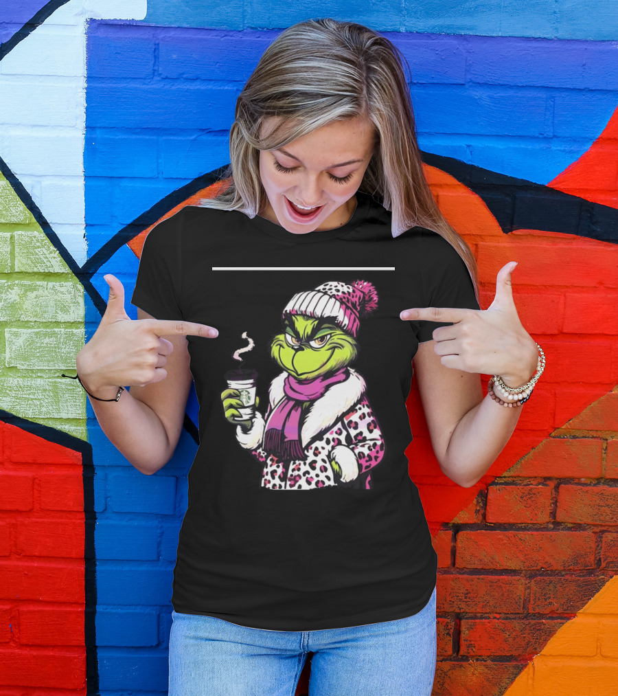 Grinchy And Bougie In Pink Leopard With Coffee Cup T-Shirt