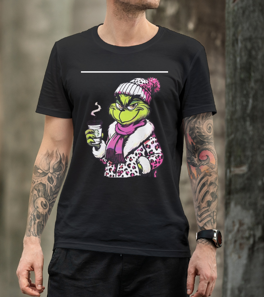 Grinchy And Bougie In Pink Leopard With Coffee Cup T-Shirt