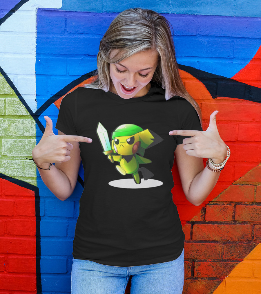 Pikachu Dressed As Link From The Legend Of Zelda With Sword In Hand T-Shirt