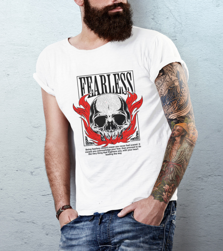 FEARLESS Skull With Red Flames Street Wear T-Shirt