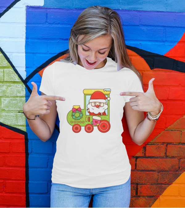 Santa Cute Christmas Train With Wreath And Stars T-Shirt
