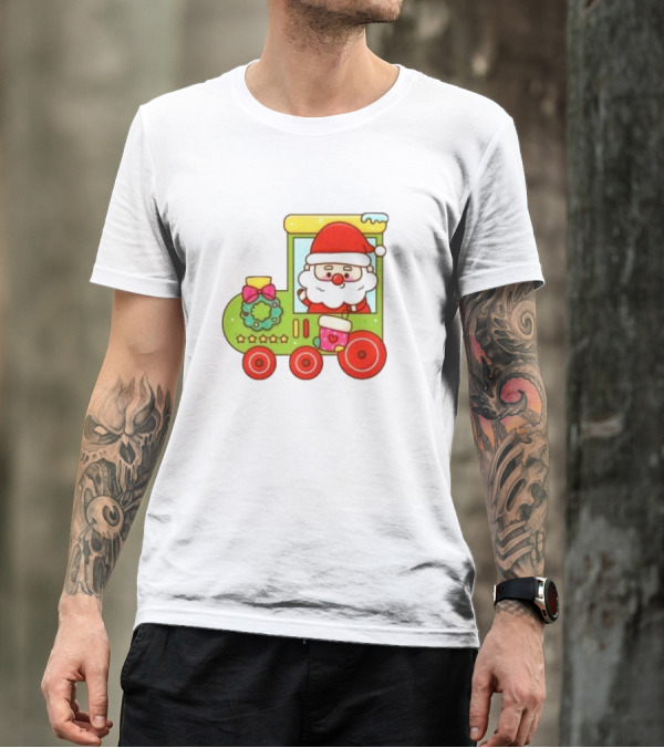 Santa Cute Christmas Train With Wreath And Stars T-Shirt