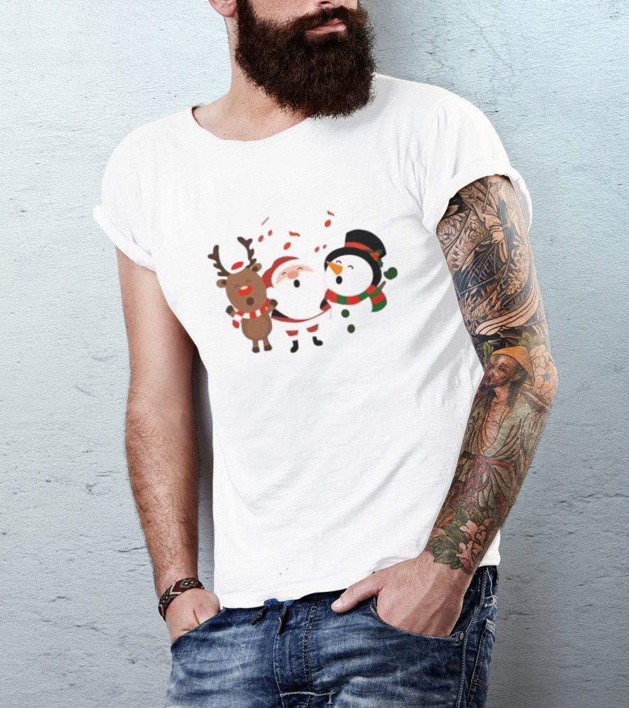 Santa Reindeer And Snowman Singing Christmas Carols Together T-Shirt
