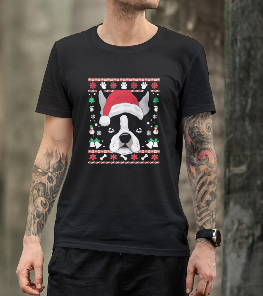 Ugly Christmas Boston Terrier In Santa Hat With Snowflakes And Paw Prints T-Shirt