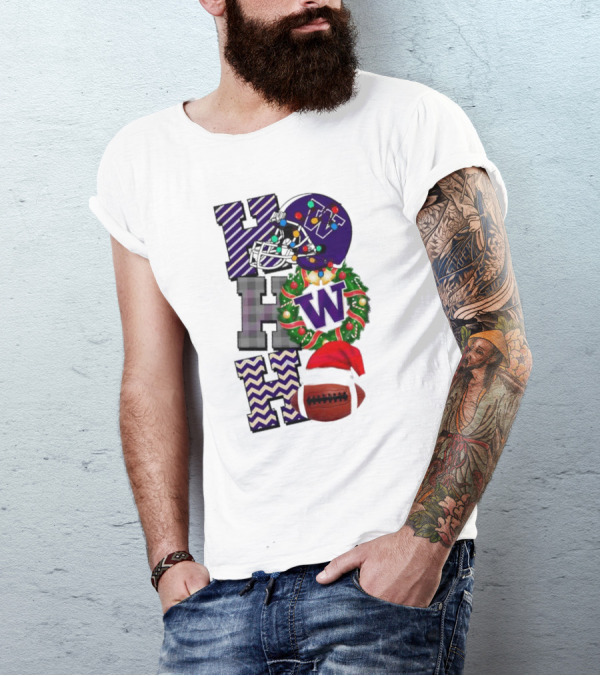 Washington Huskies Football Christmas Ho Ho Ho Festive Sports Helmet Wreath T-Shirt