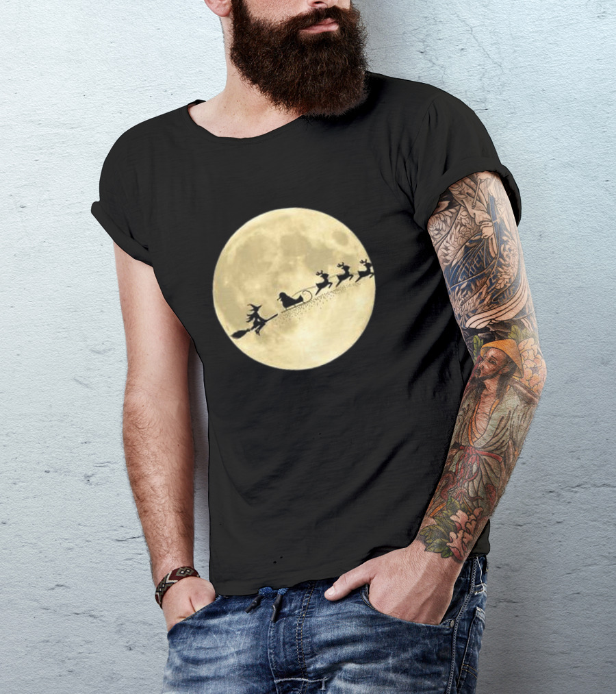 Witch Riding With Santa's Sleigh In Full Moon Christmas Scene T-Shirt