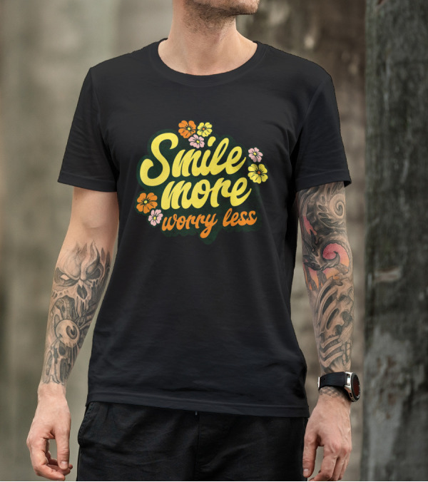 Smile More Worry Less Cute Groovy Flowers T-Shirt