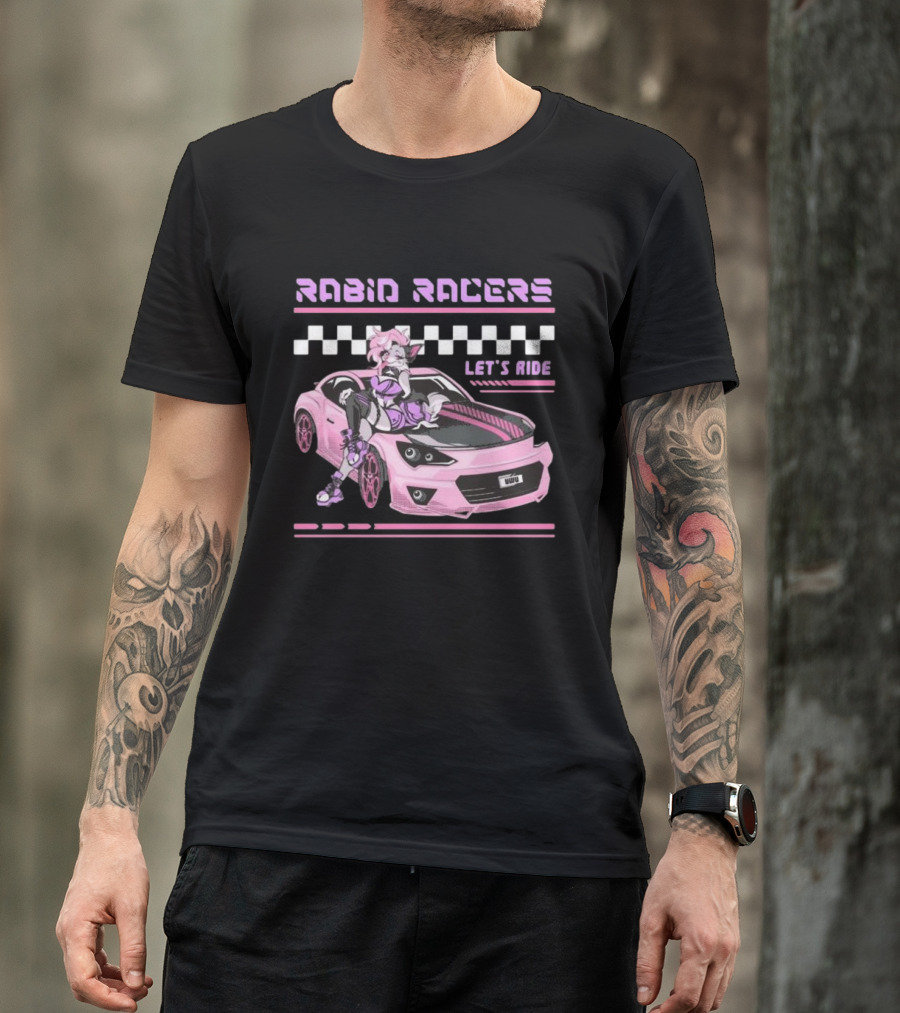 Rabid Racers Let’s Ride Pink Anime Style Racer Girl With Wufu License Plate T-Shirt