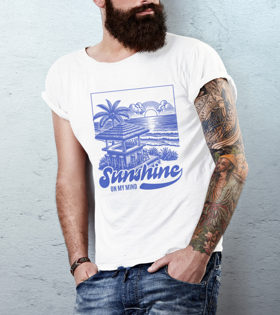 Sunshine On My Mind Vintage Beach Hut And Sunset Scene T-Shirt