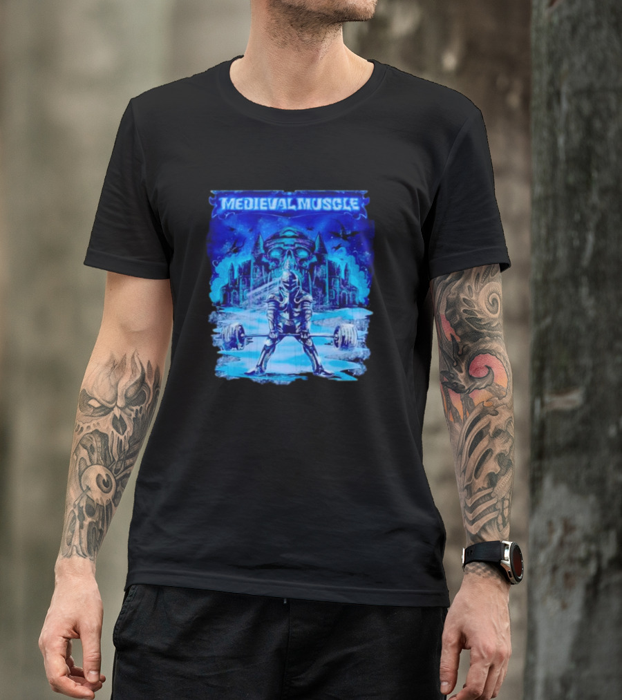Medieval Muscle Knight Lifting Weights In Gothic Castle Scene T-Shirt