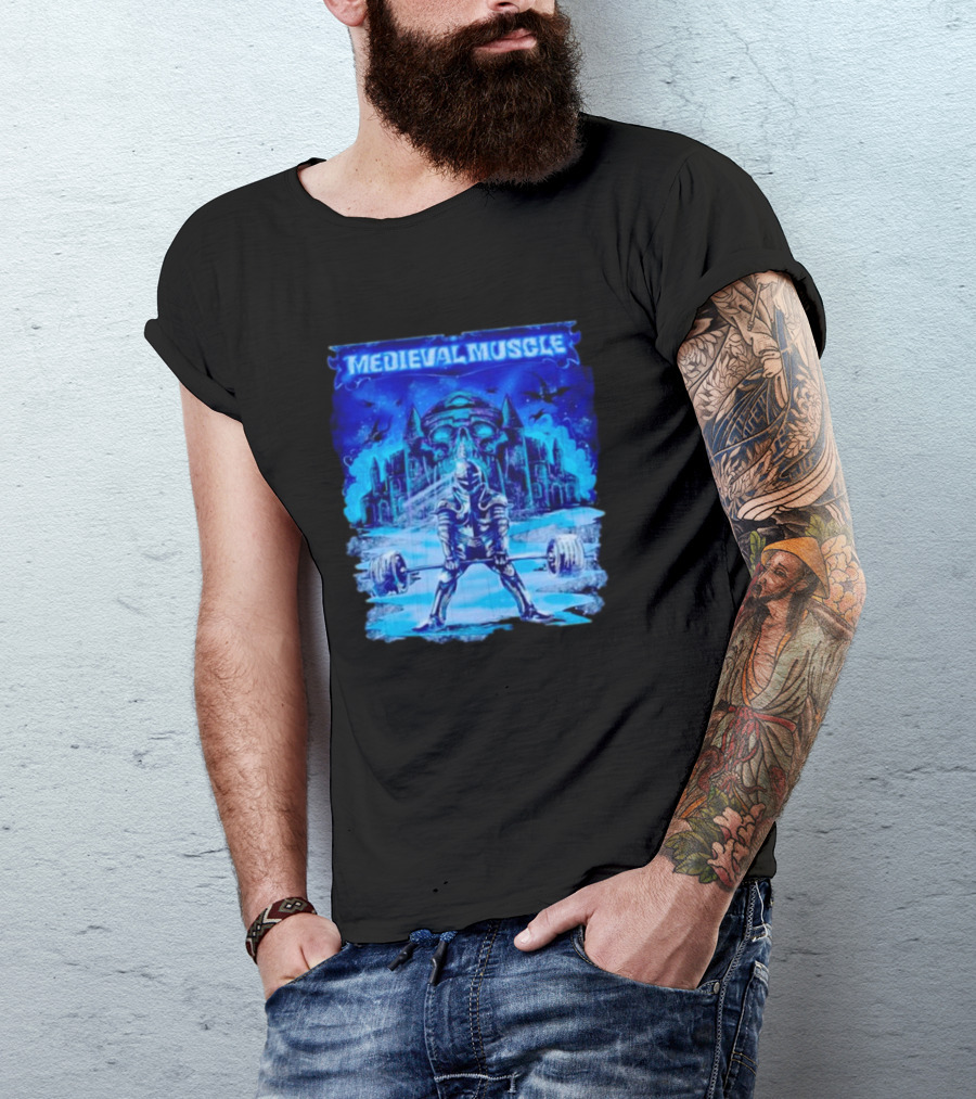 Medieval Muscle Knight Lifting Weights In Gothic Castle Scene T-Shirt