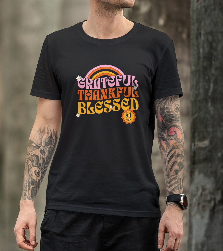 Grateful Thankful Blessed Retro Rainbow Sunflower Smiley Face T-Shirt