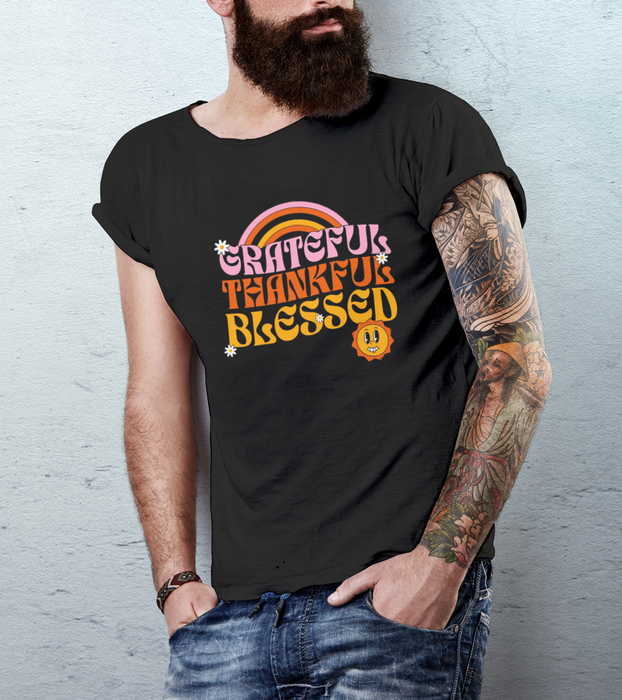 Grateful Thankful Blessed Retro Rainbow Sunflower Smiley Face T-Shirt