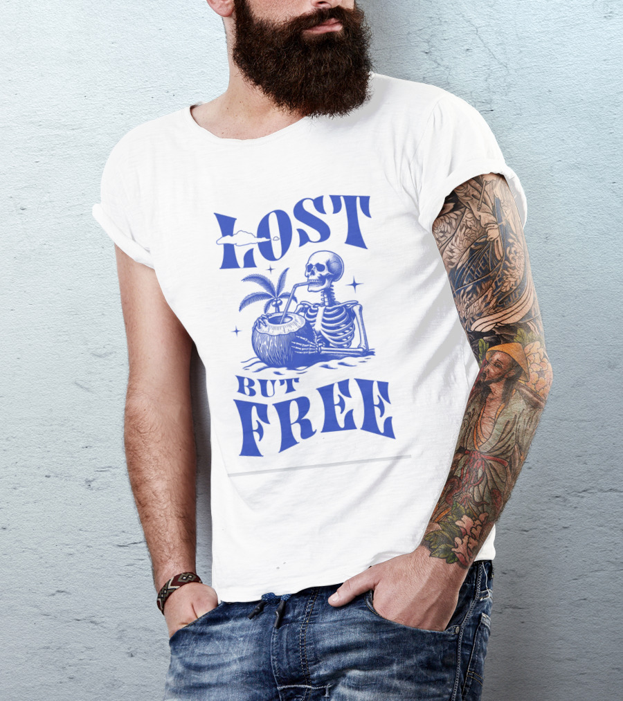 Lost But Free Skeleton With Coconut Drink Beach Vintage T-Shirt