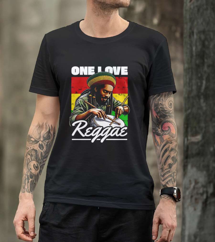 One Love Reggae Drummer With Rasta Colors T-Shirt