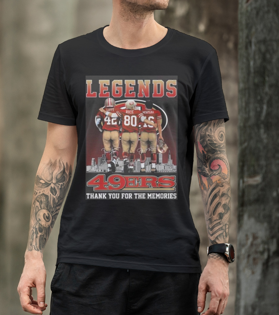 49ers Legends Montana Rice Lott Thank You For The Memories Skyline Signatures T-Shirt